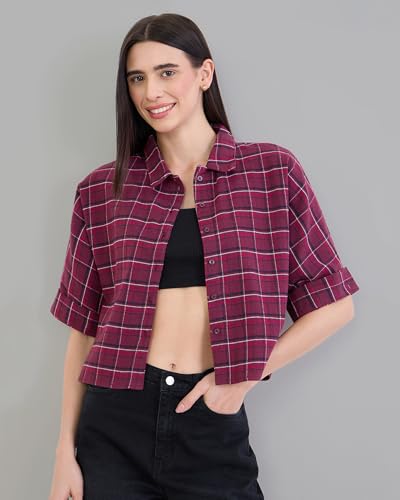 Image of Chimpaaanzee Women Checks Half Sleeve Crop Shirt
