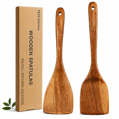 Wooden Spatulas, 2 Pcs Natural Acacia Wooden Cooking Utensils Set For Non-Stick Pan Kitchen Tool, Flipping And Wok Spatula, Wooden Spoons & Spurtle For Cooking