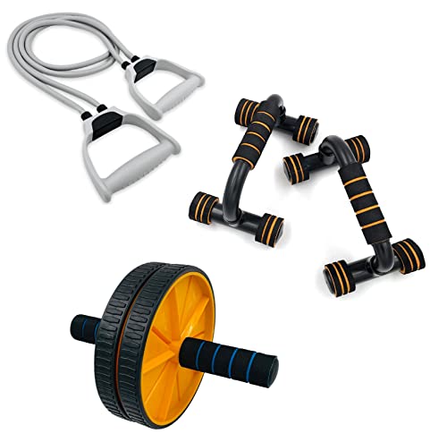 LIVOX Dual Wheel Abs Roller Double Toning Resistance Tube Band with Push Up Bar Stand Gym Kit Combo for Men Women Gym Exercise Equipment Set for Home Workout