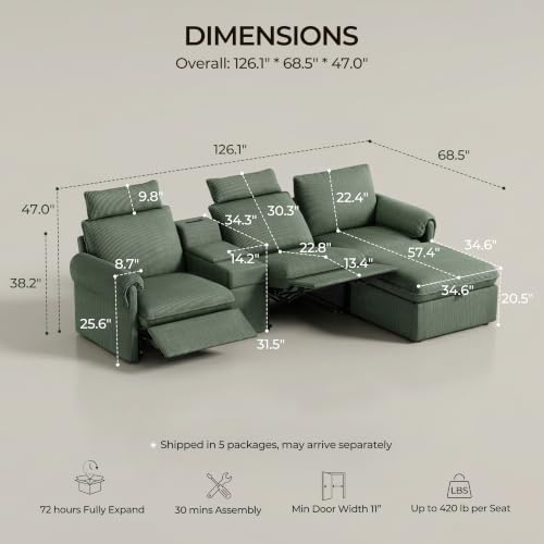 Image of CHIC HOUSE 126 inch 3-Seat Power Reclining Sectional Sofa with Ottoman, Green