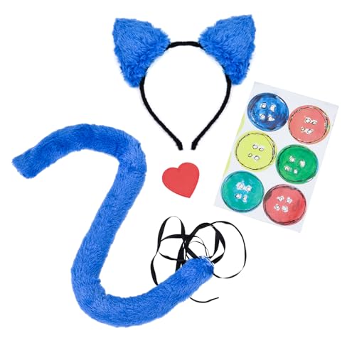 Merroyal Cat Ears Headband Balck Tail Set Halloween Accessory Cat Costume Accessories (Blue Headband+Tail+Love Clip)