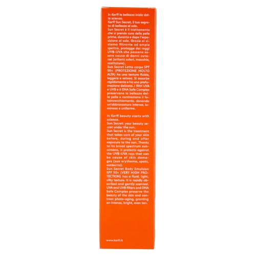 Korff Sun Secret ochrona ciała mleka do opalania, lekka tekstura, jedwabista i przeciwstarzeniowa, bardzo wysoka ochrona, wodoodporny, SPF50, 100 ml