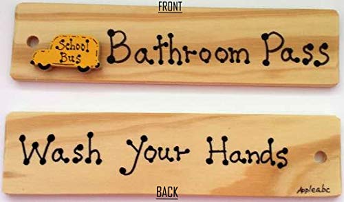 Bathroom/WASH Your Hands Pass on Front & Back - AA-911 W Made in USA - 8"x2" Wooden Pass w/SCHOOLBUS & Hang Loop.