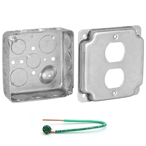 (Pack of Box and Cover) AP-12086, 4" Square Electrical Box, Duplex Receptacle Exposed Work Cover, Crushed Corners, Drawn Construction, Ten 1/2", Six 3/4" Knockouts, Raised Ground, 1-1/2" Deep, 2-Gang