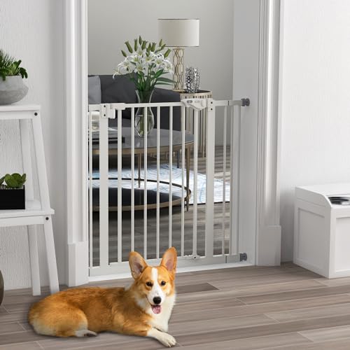 PawHut Türschutzgitter Treppenschutzgitter mit 7 cm Verlängerung Türgitter ohne Bohren mit Auto-Close Treppengitter für Breiten 74-87 cm Beidseitig Schwenkbar Metall Weiß