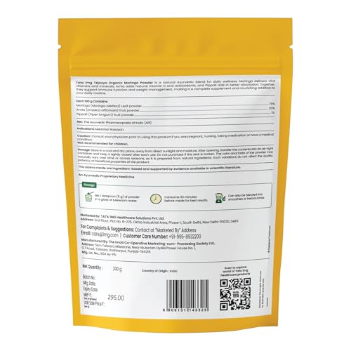 Image of Tata 1mg Tejasya Organic Moringa Powder | Ayurvedic Superfood for Weight Management & Immunity and Detox | With Amla & Pippali for Better Absorption | Non-GMO & Preservative-Free | 200 g