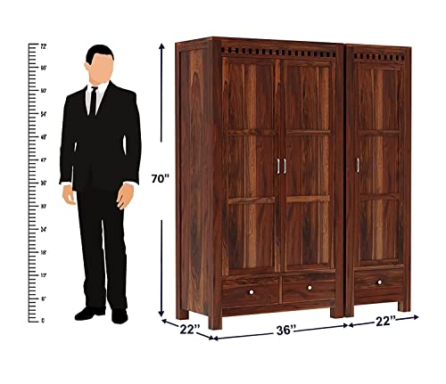 Image of WOODLAB Furniture Sheesham Wood 3 Door Wardrobe Storage with 3 Drawers Wooden Multipurpose Almirah for Home Living Room - Natural Finish