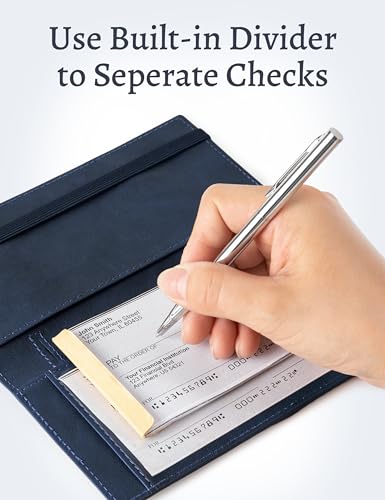 Image of Yarnic Checkbook Cover for Personal Checkbook Holder with Pen Holder | Check Book Covers & Built-in Clear Plastic Divider for Duplicate Checks (Navy Blue)