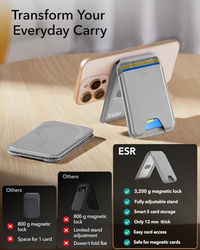 Image of ESR Upgraded for MagSafe Wallet,5 Card Holder,RFID Blocking,Magnetic Wallet for iPhone with Adjustable Stand,Slim for iPhone 17e /17 /16 /15 /14 /13 /12,Google Pixel 10 /Pro /Pro XL,Not for Mini,Grey