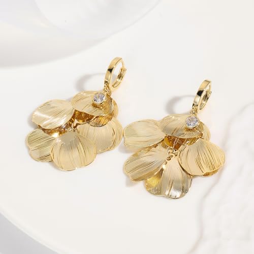 Boho Flower Layered Floral Leaf Drop Dangle Earring For Women,Metal CZ Gold Lightweight Flower Bohemian Gold Petal Exaggerated Jewelry Earrings For Women Brides Party Prom Wedding4
