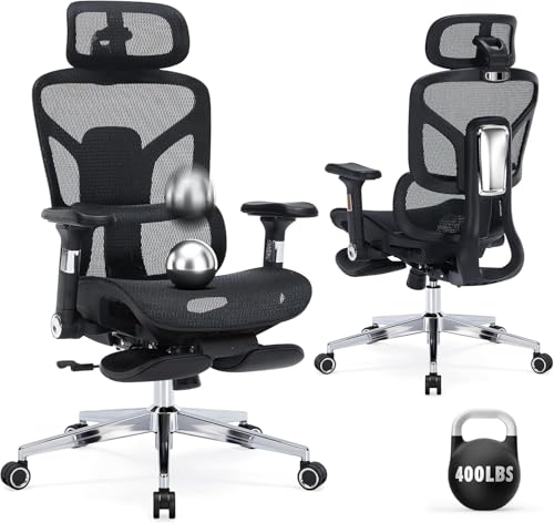 Image of Ergonomic Office Chair with Footrest - 400lbs Heavy Duty Mesh Desk Chair, 5D Armrests, 3D Lumbar, 5 Level Backrest, Adjustable Headrest, Reclining High Back Swivel Chairs for Home Office