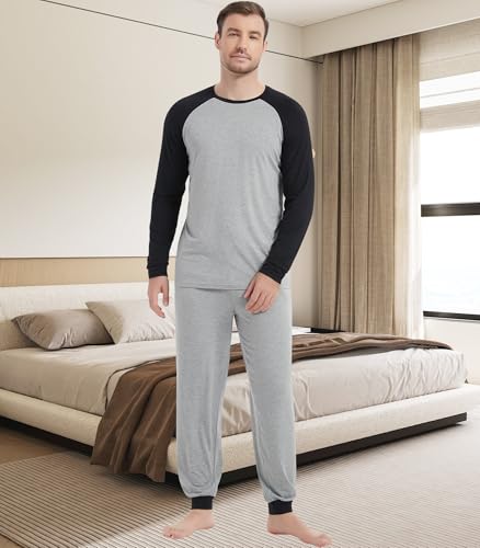 Image of NACHILA Mens Pajamas Set Long Sleeve Henley Sleepwear Top Soft Jogger Pants Pajamas Cool Pjs Set,Viscose Made from Bamboo