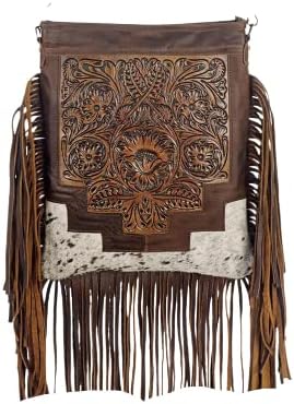 American Darling Large Crossbody Hand Carved Leather Fringe Purse for Women Western Handbags Purses Clutch Shoulder Bags (ADBG256BRWSPLBR) Brown