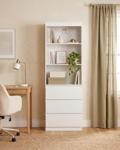 Amveya Estantería Libros Blanca con Cajones 60x32x180cm Libreria Alta para Salón Oficina Dormitorio Almacenaje Mueble Blanco