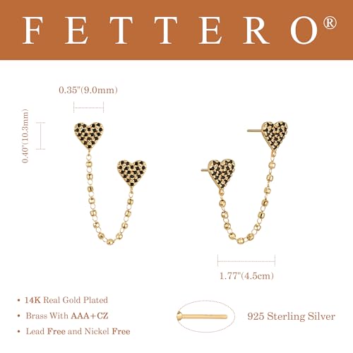 FETTERO Gold Chain Earrings for Women, 14K Gold Plated Hypoallergenic Earring for Multiple Piercing, Tassel Chain Heart Pendant Double Piercing Stud Earrings | Charm Gold Earring for Women
