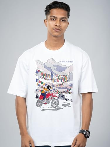 Image of T-Shirt for Men - 100% Cotton Ladakh Motorcycle Rider Half Sleeve Round Neck Graphic Print | Regular & Oversized Fit | 180 /220 GSM | S-5XL | Black, Navy Blue, Olive, Red, White