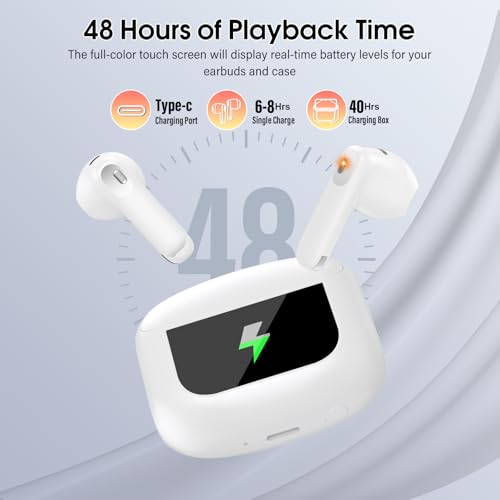 Image of Wireless Earbuds, Bluetooth 5.4 Headphones with Multifunctional Touch Screen, 48H Bass Stereo Ear Buds with ANC /ENC Noise Cancelling /Transparency Mode, IPX7 Earphones with 5 EQ Modes, Ceramic White