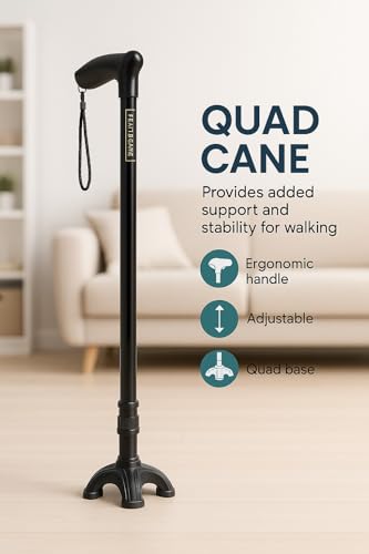 Image of 4-Leg Medical Walking Aid for Old People Adjustable Height Heavy Duty Lightweight Walking Stick for Senior Citizens & Patients Anti-Slip Base High Mild Steel (Black)