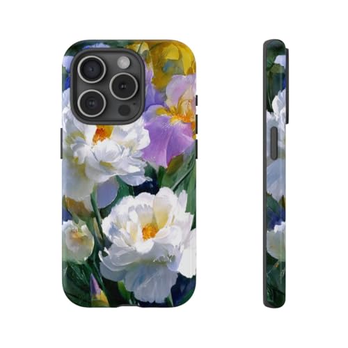 Coque iPhone 15 Pro pivoines blanches et iris lilas éclat brillant