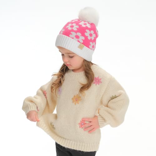 C.C Kids Daisy Fur Pom Beanie for Boys Girls - Comfortable Soft Warm Children Youth Knit Skully Hat with Faux Pom3