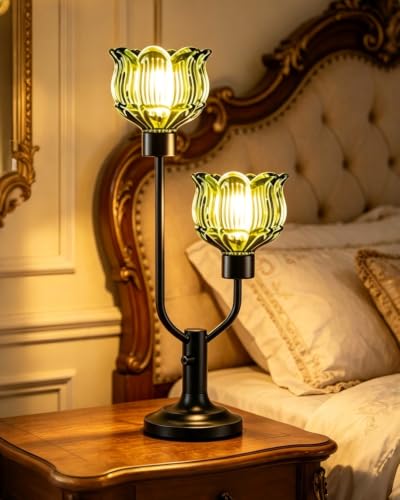 Image of Lightdot Green Glass Table Lamp Dimmable Vintage Black Flower Lamp Gift | Mid Century Modern Desk Lamp 2 Bulbs Included Warmwhite Ambient Nightstand Bedside Lamp for Living Room Bedroom Home Decor