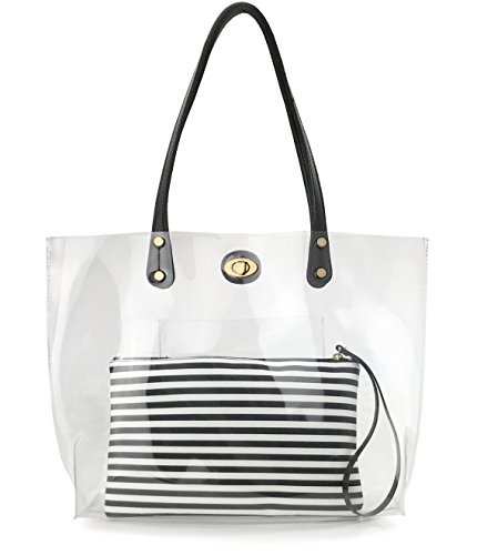 Bolso tote de PVC transparente para mujer con clutch a rayas miniatura 1