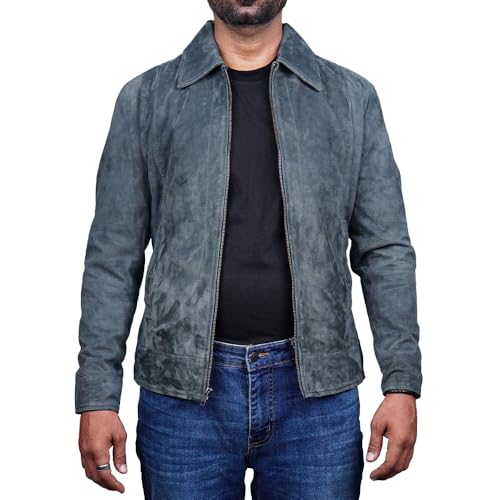 Image of Mens Polo Collar Zipper Suede Shirts Long Sleeve Shacket Suede Trucker Jacket Real Suede Leather Shirt