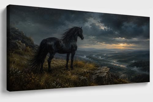 JILLICK Black Horse Framed Wall Art Dark Mountain Landscape