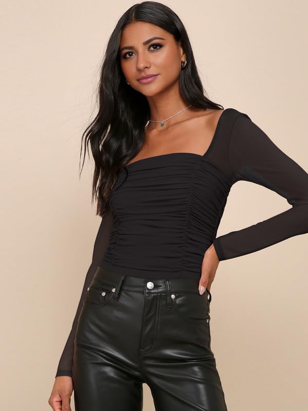 ADEWEL Womens Rhinestone Top Long Sleeve Round Neck Sheer Mesh Glitter Shirts Sexy See Through Blouses Tee Party Club Night - Image 3