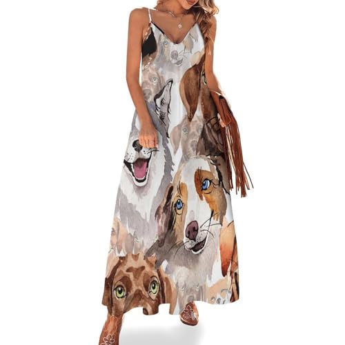 Robe longue imprimé chien sans manches pour femme | Idéale plage et voyages