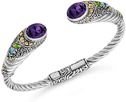 DEVATA Sterling Silver 925 and 18K Gold with Amethyst, Peridot and Blue Topaz Bali Filigree Cuff Bracelet DHK3585AM (Size M)