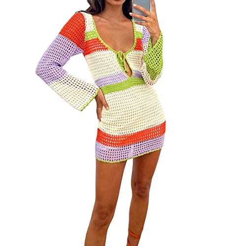 Image of Women Crochet Knit Mini Dress Colorful Striped Long Sleeve See Through Mesh Cover Ups Summer Beach Wear