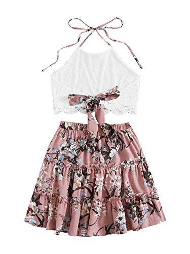 Lyaner Women's 2 Piece Outfits Summer Lace Halter Cami Crop Top With Floral Mini Skirt Set Pink X-Large #TOP1