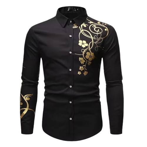 Chemise noire homme imprimé floral doré habillée manches longues