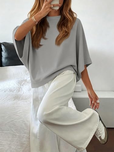 Image of Tankaneo Womens Oversized Batwing Short Sleeve T Shirts Summer Casual Round Neck Tunic Tops Loose Fit Basic Tees