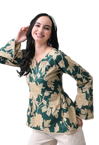 Image of MEERA FAB Women's Summer Floral Printed Cotton Short Kurta Bell Sleeves | Floral Printed Kurta | Short Kurti for Women