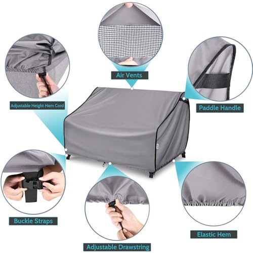 أغطية أثاث الفناء مقاومة للماء، أغطية كنبة خارجية 3 مقاعد مقاومة للشمس، تناسب حتى 2 م عرضًا × 94 سم عمقًا × 89 سم ارتفاعًا، لون رمادي