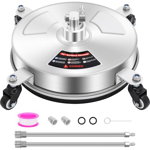 Dalmbox 14 Pressure Washer Surface Cleaner with 4 Wheels 1/4 Quick Plug Stainless Steel Housing 4000 PSI Pressure Washer Surface Cleaner Attachment for Patio Courtyard Concrete Sidewalks