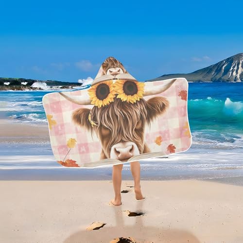 Image of A Highland Cow with Sunflowers Hooded Beach Towel for Kids, Kids Bath Hooded Towels for Boys Girls, Super Soft Absorbent Bathrobe with Hood for Swin Pool 50 inchx23.5 inch