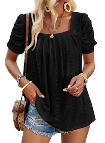 Dokotoo Bluse Damen Elegant Sommer T-Shirts Oberteile Kurzarm Puffärmel Spreizkragen Spitze Aushöhlen Elegante Oberteil Plissierte Kurze Ärmel Tops Spitzenbluse Einfarbig Tuniken Blusen Schwarz XL