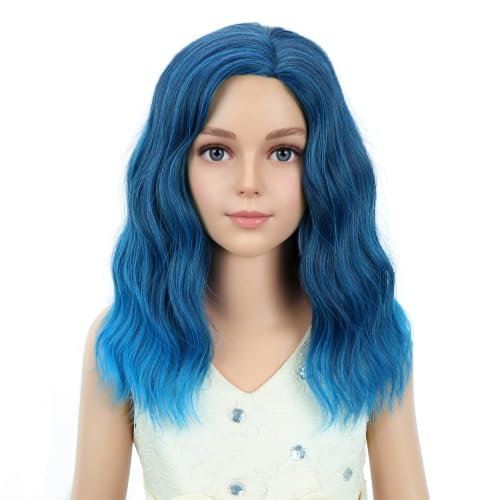 Image of PATTNIUM Blue Short Curly Wavy Wigs for Kids Girls Mixed Blue Side Part Shoulder Length Heat Resistant Synthetic Wig Halloween Cosplay Costume Party Wigs