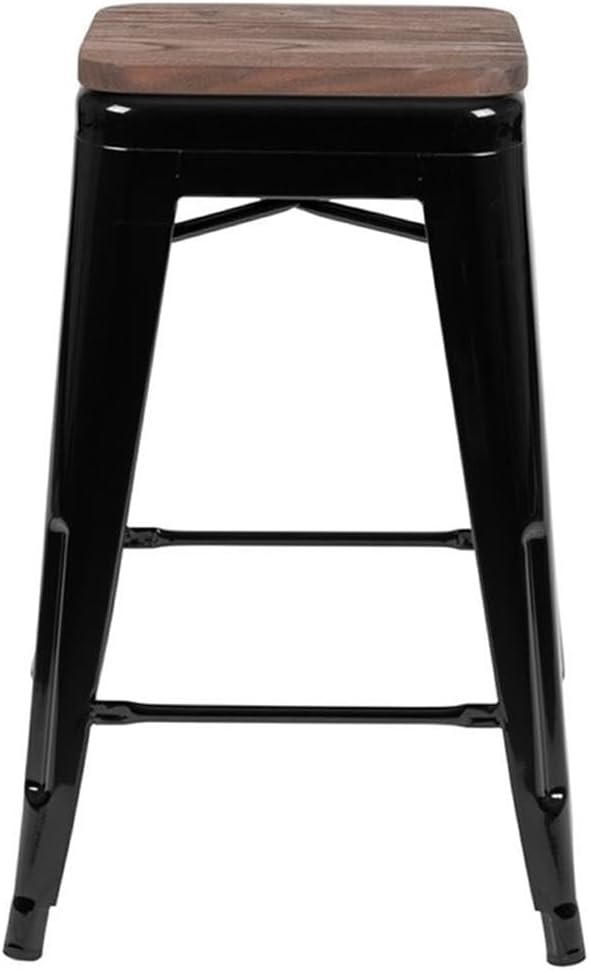 Flash Furniture 24" High Metal Counter-Height, Indoor Bar Stool with Wood Seat in Black - Stackable Set of 4