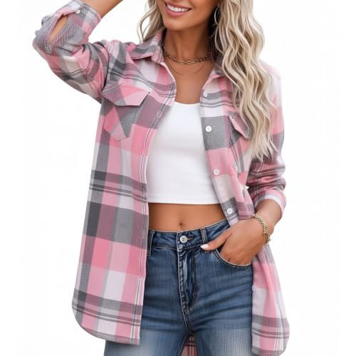 Womens Flannel Shirts Plaid Shacket Button Down Tops Pink Small - image 2