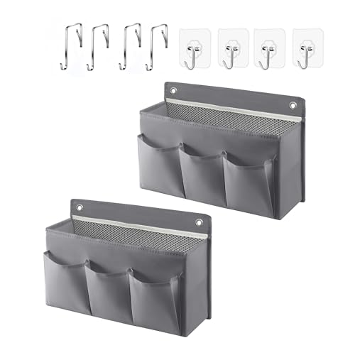 2-Pack Hanging Storage Baskets – Wall Organizer with 3 Pockets for Home/Dorm/Closet/Door, Multi-Purpose Space Saver for Office/Bathroom/Nursery – Foldable Fabric Organizer (Grey)