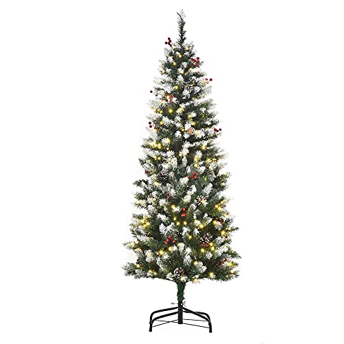 HOMCOM Weihnachtsbaum 1,5 m Christbaum Tannenbaum mit 25 roten Beeren Tannenzapfen LED-Lichter Kunsttanne 408 Zweige PVC Stahl Grün+Weiß Ø53 x 150 cm Cover