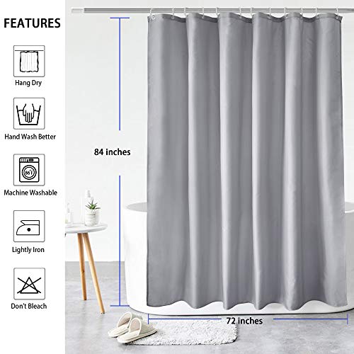 Aoohome Extra Long Shower Curtain Liner, Fabric Shower Curtain With Hooks For Hotel, Waterproof, 72 Width X 84 Height Inch, Light Grey #TOP6