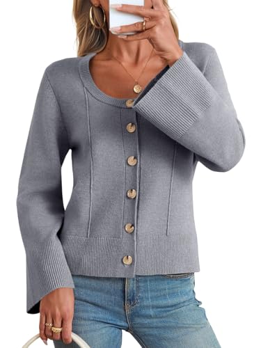 Image of Saodimallsu Womens Bell Sleeve Cardigan Sweaters Button Down Long Sleeve Fall Trendy Sweaters 2025 U Neck Knit Outwear