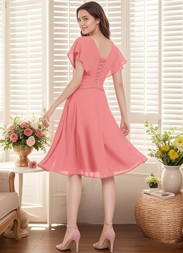 Women's Chiffon Short Bridesmaid Dresses 2025 Ruffled V Neck Short Sleeve Formal Evening Party Prom Dress with Pocket2