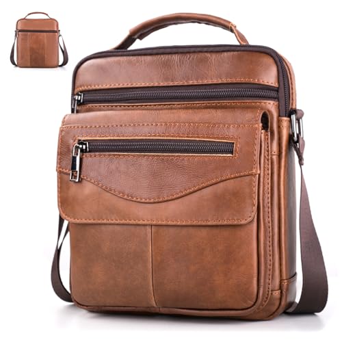 BAGZY Shoulder Bag for Men Leather Crossbody Bag Large Tablet Bag for 11 inch Pad Messenger Bag Organiser Handbag Sling Travel Business Bag for Pad/e-Book Card Holder Brown