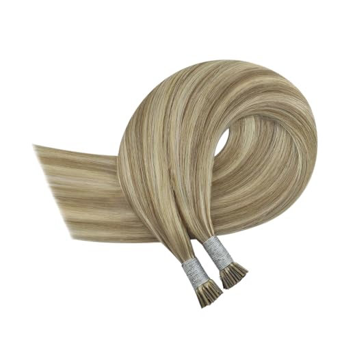 Image of YoungSee I Tip Hair Extensions 24 Inch, I Tips Hair Extensions Real Human Hair, Light Brown Highlights Blonde, Hair Extension I Tip, 50 Strands 50g, Long Straight Hair, Can be Heat-styled